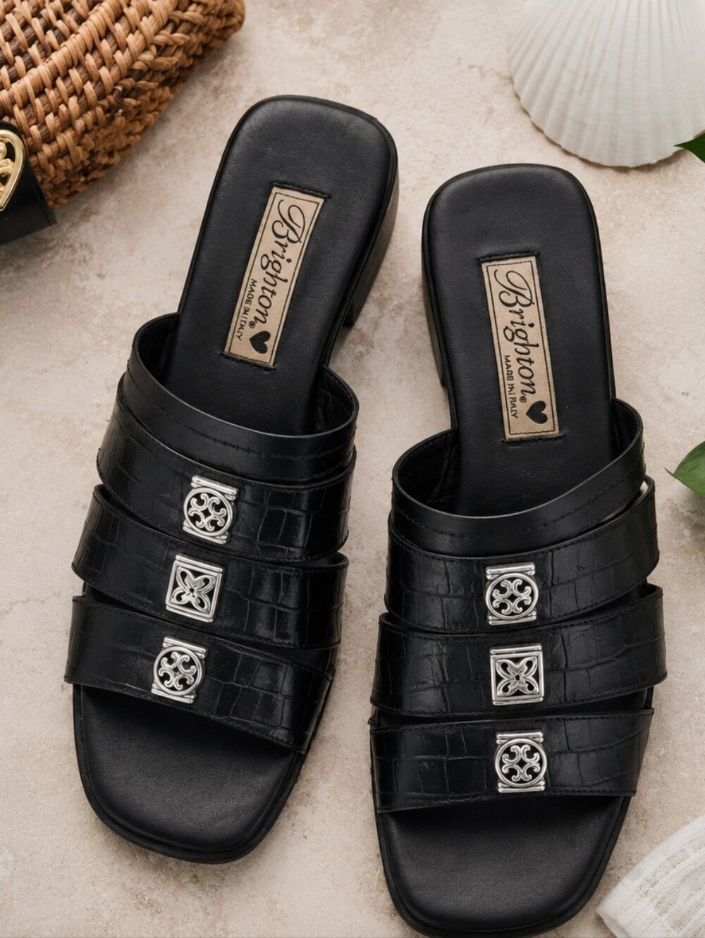 Brighton Brandy Black Croc Embossed Slide Sandals Size 8.5 Made in Italy
